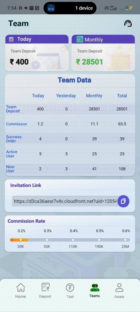 Hass Pay Team screen – invitation link and commissions